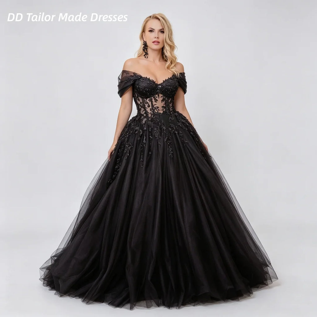 Gothic Black Wedding Dress Off The Shoulder Sweetheart Sheer Lace Beaded Tulle Long Elegant Vintage Bridal Gown Customized
