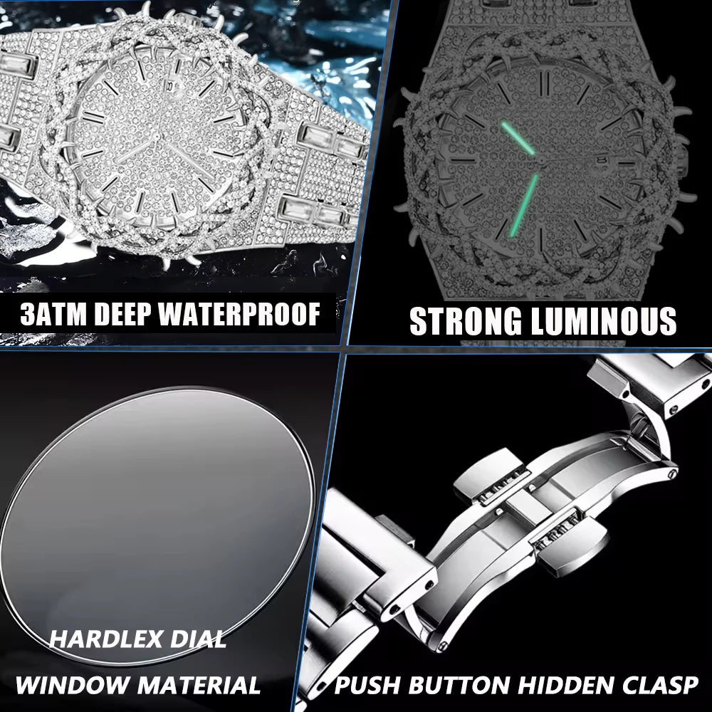 Luxury Full Diamond Men's Quartz Watch Thorn Bracelet Hip Hop Style Date Display with Luminous Function Men Business Wristwatch