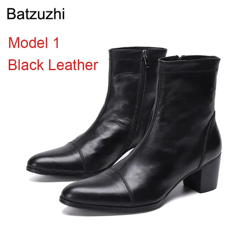 Batzuzhi Handsome Men Boots 7cm High Heels Genuine Boots Men Black Ankle Knight Botas Hombre for Men Party/Wedding, EU38-46!