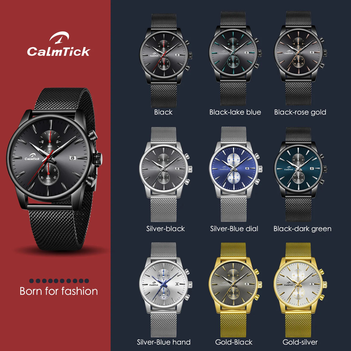 CalmTick Fashion Business Pointer Quartz Watch with Stopwatch Luminous Waterproof Metal Strap