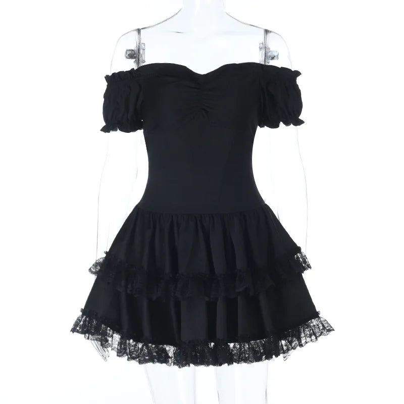 Goth Dark E-girl Kawaii Lace Stitch Pleated Dresses Party Mall Gothic Streetwear Cyber Y2K Plaid Corn Straps Backless Mini Dress