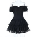 Goth Dark E-girl Kawaii Lace Stitch Pleated Dresses Party Mall Gothic Streetwear Cyber Y2K Plaid Corn Straps Backless Mini Dress