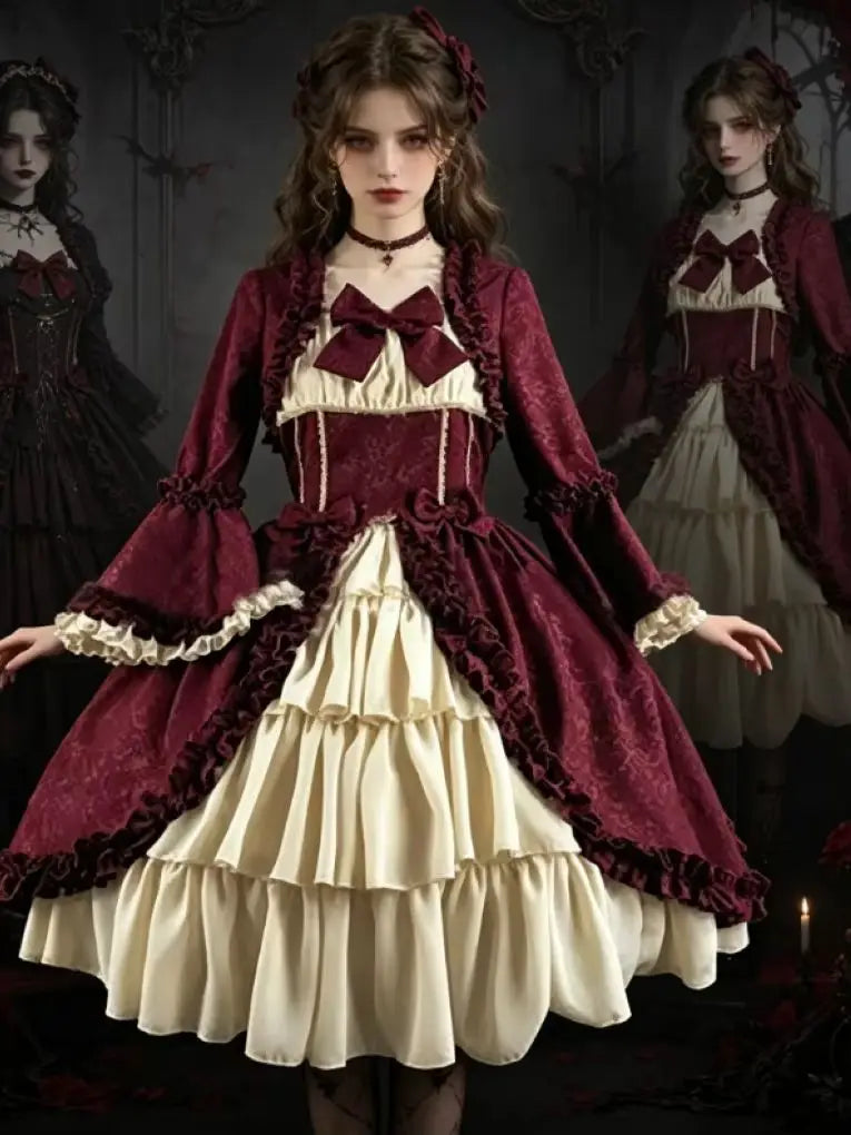 European and American medieval retro Gothic court style French soft girl dress with square collar, waist cinching and patchwork