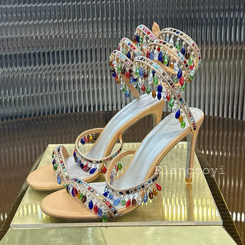 High Heels Sandals Women Shiny Crystal Pendant Ankle Snake Twine Around Prom Shoes Summer Fashion Stiletto Bohemian Sandalias