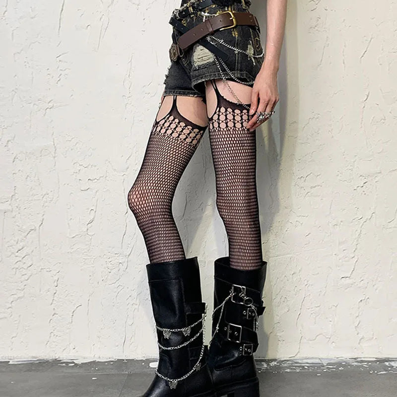 Gothic Girls Fishnet Stockings with Belt Set Punk Goth Harajuku Women Sexy Mesh Bottomed Pantyhose Open Crotch Thigh High Socks
