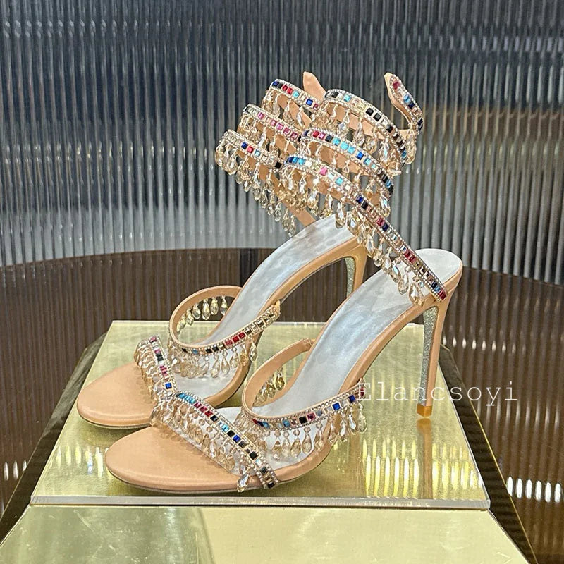 High Heels Sandals Women Shiny Crystal Pendant Ankle Snake Twine Around Prom Shoes Summer Fashion Stiletto Bohemian Sandalias