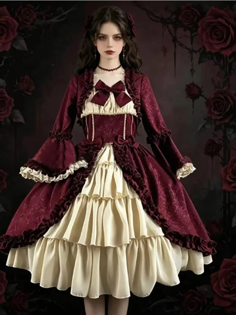 European and American medieval retro Gothic court style French soft girl dress with square collar, waist cinching and patchwork