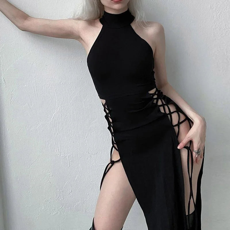 Gothic Halter Slim Midi Dress Dark Cosplay High Split Bandage Y2K Black Grunge Style Alt Partywear Sexy Women's Gothic Dress