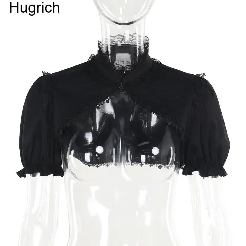 Gothic Lolita 2 Piece Outfit for Women Victorian Corset Lace Mini Dress with Lace Stand Collar Puff Sleeve Bolero Shrug Dark
