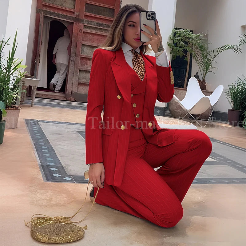 Luxury Green Striped Women Suit Double Breasted 3 Piece Jacket Vest Pants Female Clothing Slim Fit Formal Office Lady Blazer Set