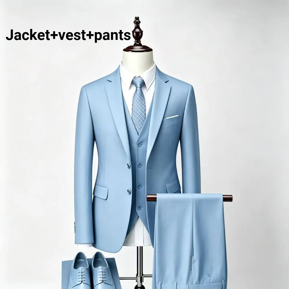 Men Slim Fit 3 Pieces Suit Set Lightweight Business Office Party Blazer Vest Pants Formal Male Tuxedo Suit For Prom Daily Wear