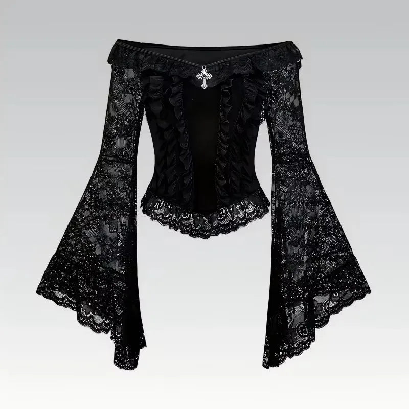 Gothic Vintage Black Lace Off Shoulder Crop Tops Women French Elegant Metal Decor Mesh Slim Blouse Punk Y2K Ruffle Shirt New