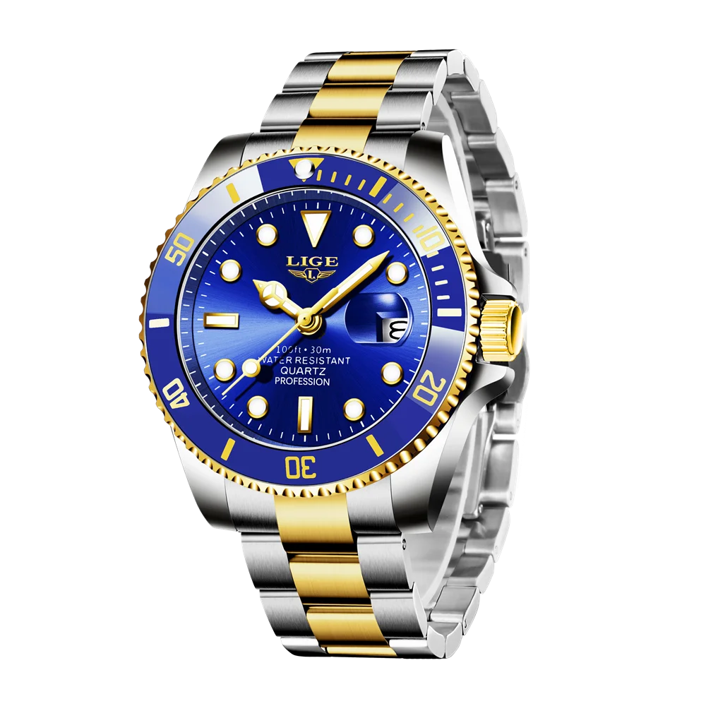LIGE Top Original Men Quartz Watches Blue Waterproof Watch for Men Stainless Steel Quartz Men Luxury Watch Luminous Wristwatch