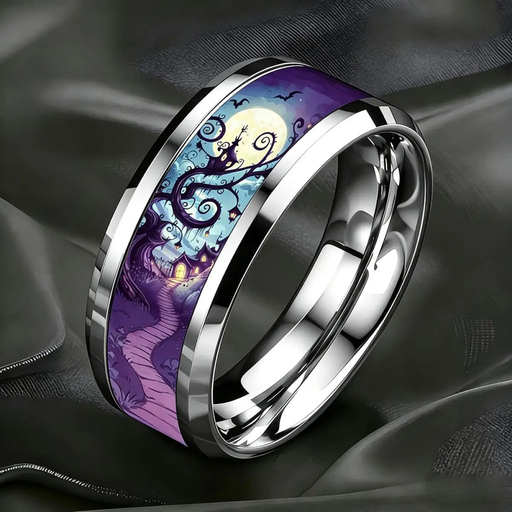 Vintage Gothic Halloween Castle Moon Bat Ring Hiphop Stainless Steel Rings For Men Wedding Party Jewelry Valentine's Day Gift