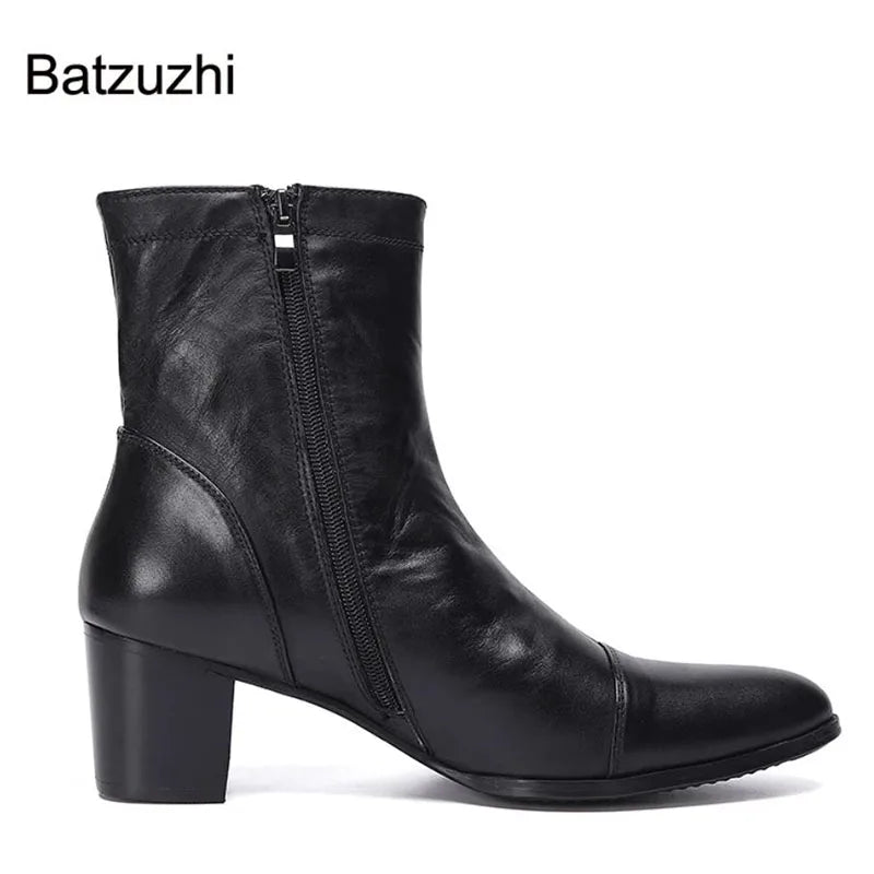 Batzuzhi Handsome Men Boots 7cm High Heels Genuine Boots Men Black Ankle Knight Botas Hombre for Men Party/Wedding, EU38-46!