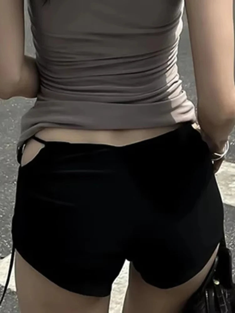 Y2K Solid Side Tie Shorts For Women Low Rise Drawstring Pocket Booty Short Pant Y2K Aesthetic Daily Summer Street Casual Bottoms