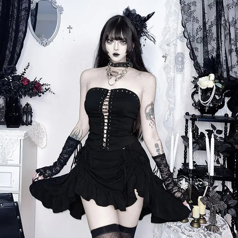 Gothic Punk Lolita Dark Style Summer Skirt Japanese Girls 2026 New Sweet Ruffles Halloween Multi-layer Retro Solid Color Skirts