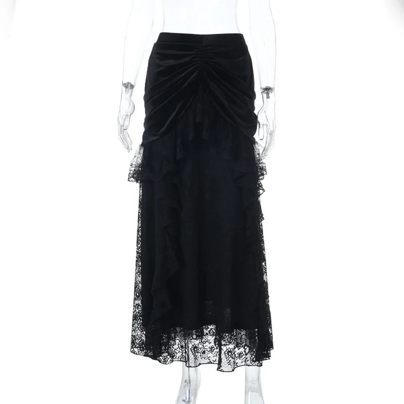 Goth Dark Lace Trim Velvet Maxi Skirts Bottoms Mall Goth Party Halloween Gown Ball Skirts Women Cosplay Lolita Dresses Outfits