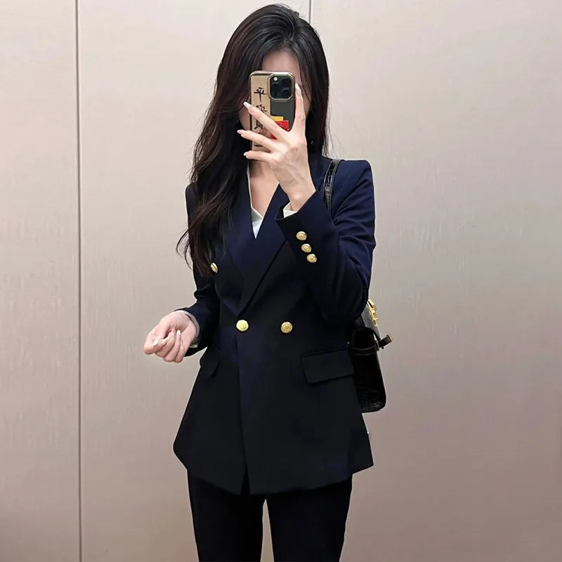 Elegant Business Office 2 PCS Set Female Slim Blazer Outfits Sets 2026 Women's Lapel Button Coat Jacket + Pencil Pants Suit Sets