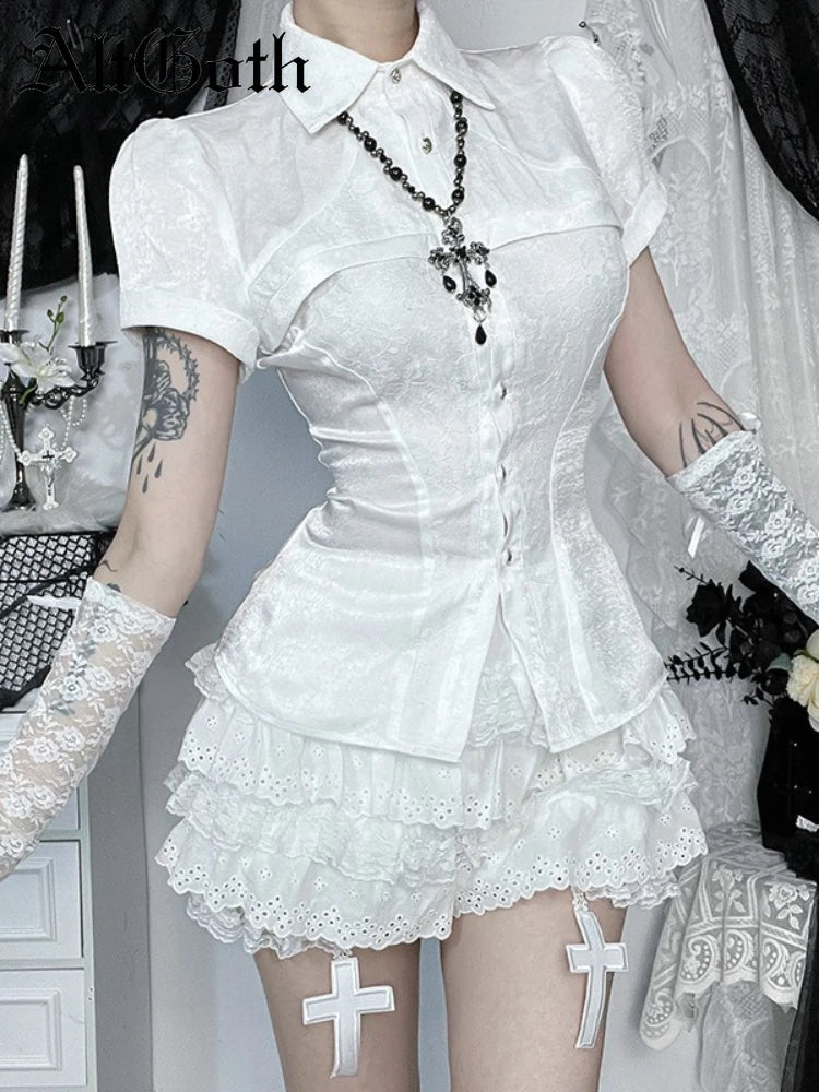AltGoth Fairycore Grunge Gothic Shirt Women Aesthetic Vintage Cosplay Lace Patchwork Short Sleeve Blouse Kawaii Lolita Clothes