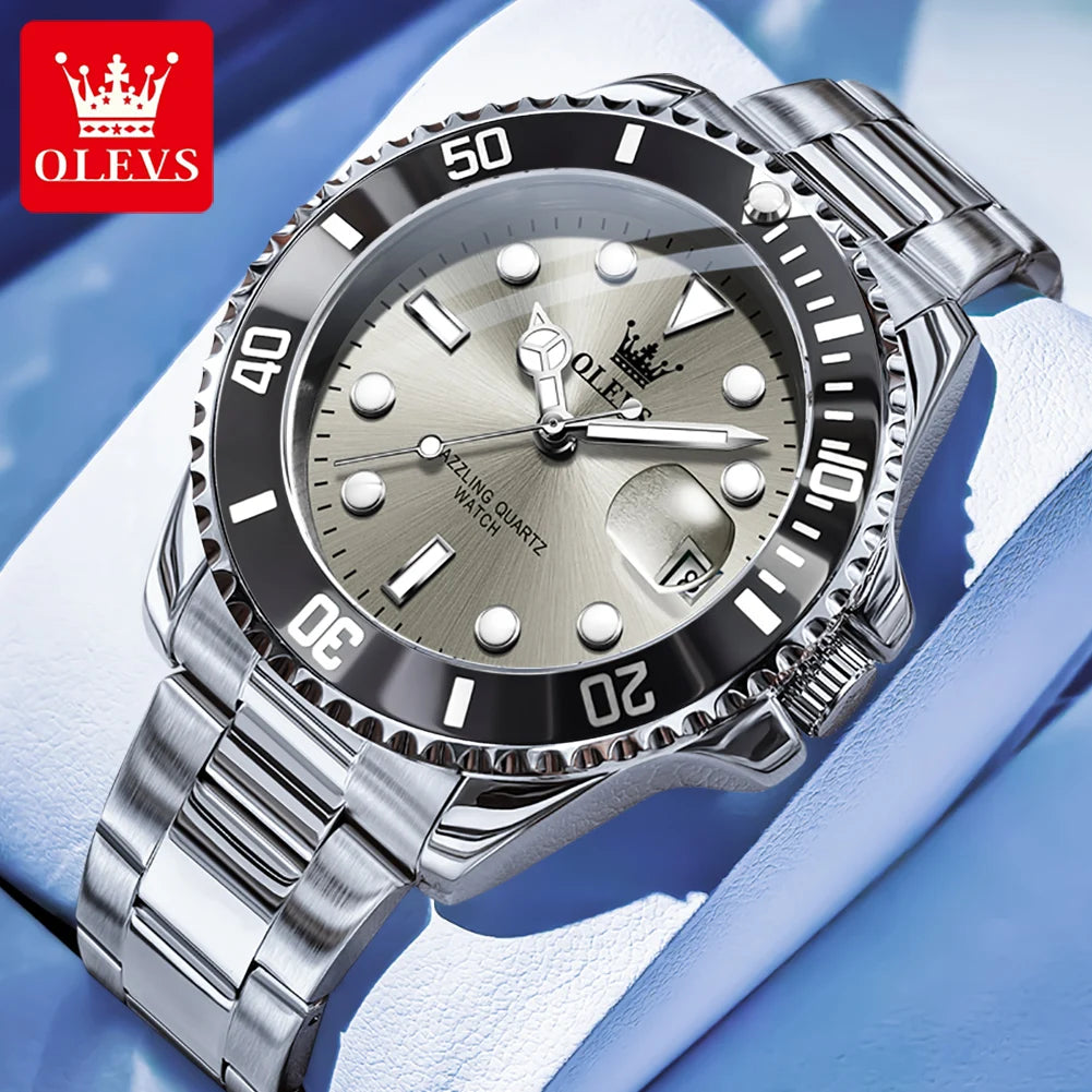 OLEVS Men's Watches Classic Luxury Fine Steel Strap Big Date Original Quartz Wristwatch for Man Waterproof Luminous Trend Dress