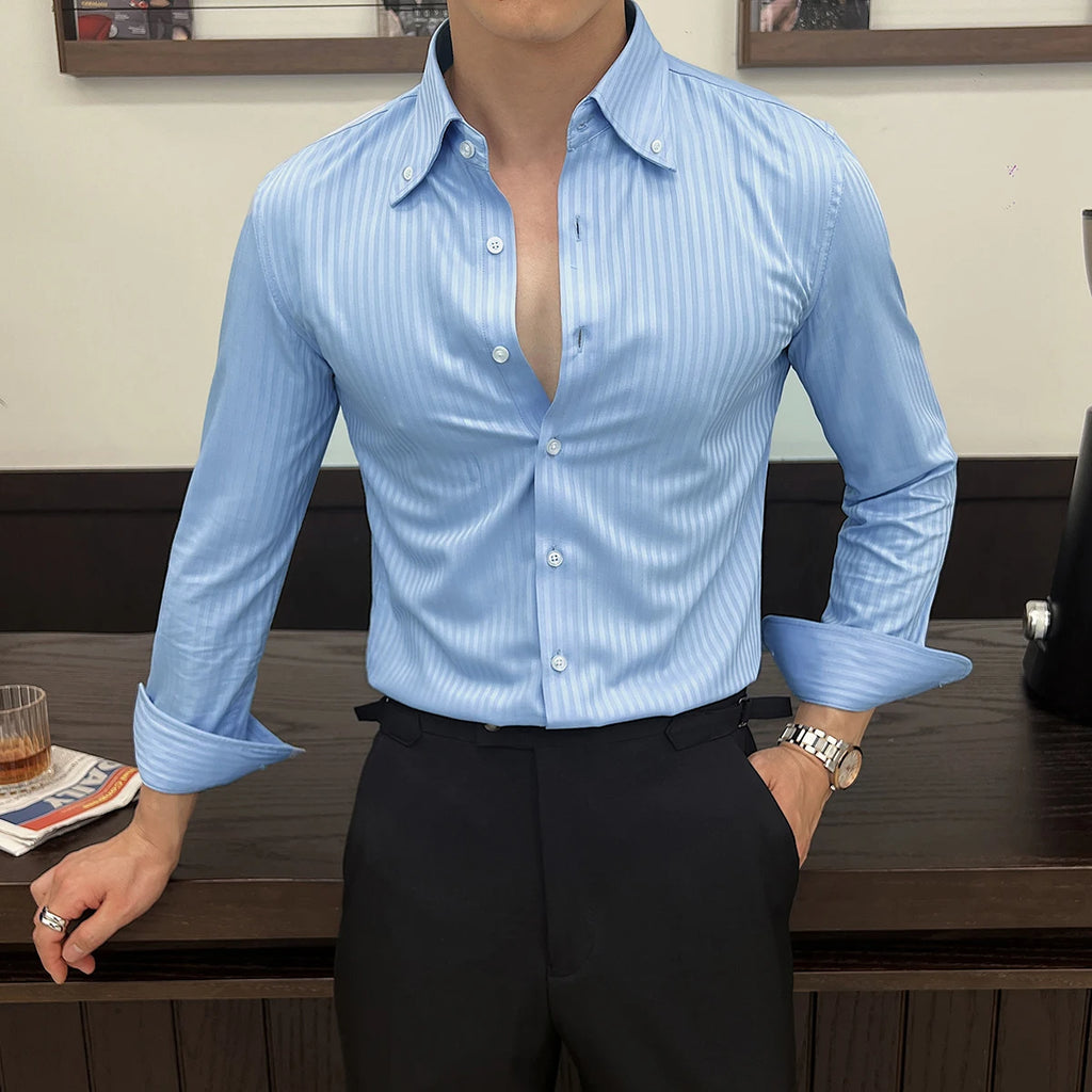 New Dark Striped Pointed Collar Shirt 2025 Men's Long Sleeved High-end Business Slim Fit Casual Versatile Men's Tailcoat Shirts
