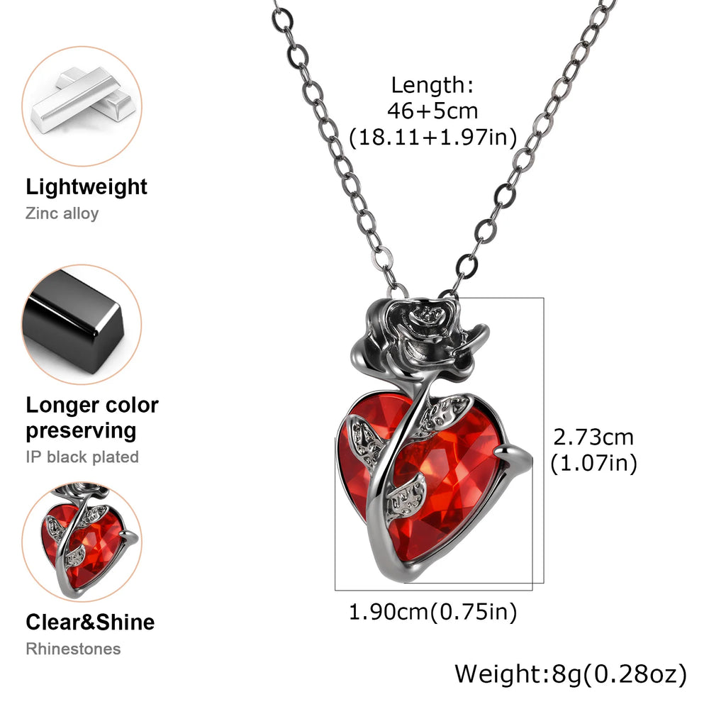 Gothic Rose Heart Necklace for Women, Red Rhinestone Pendant, Halloween Party Jewelry