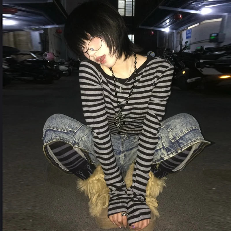 Genayooa Japanese Y2k T-shirt Women Long Sleeve Off Shoulder Striped Crop Tops Y2k Grunge 2000s Aesthetic Streetwear T Shirts