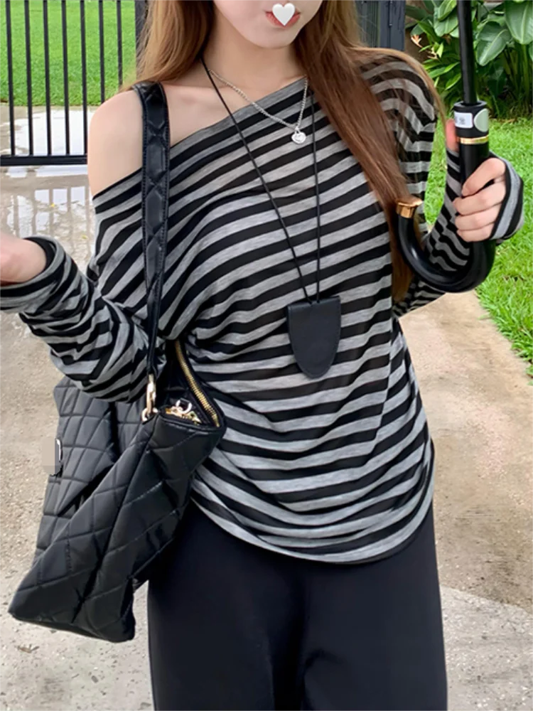 Y2k Japanese T Shirt Women Long-Sleeved Striped Off Shoulder Tops Streetwear 2000s Aesthetic Tshirts Korean Street Retro Top Tee