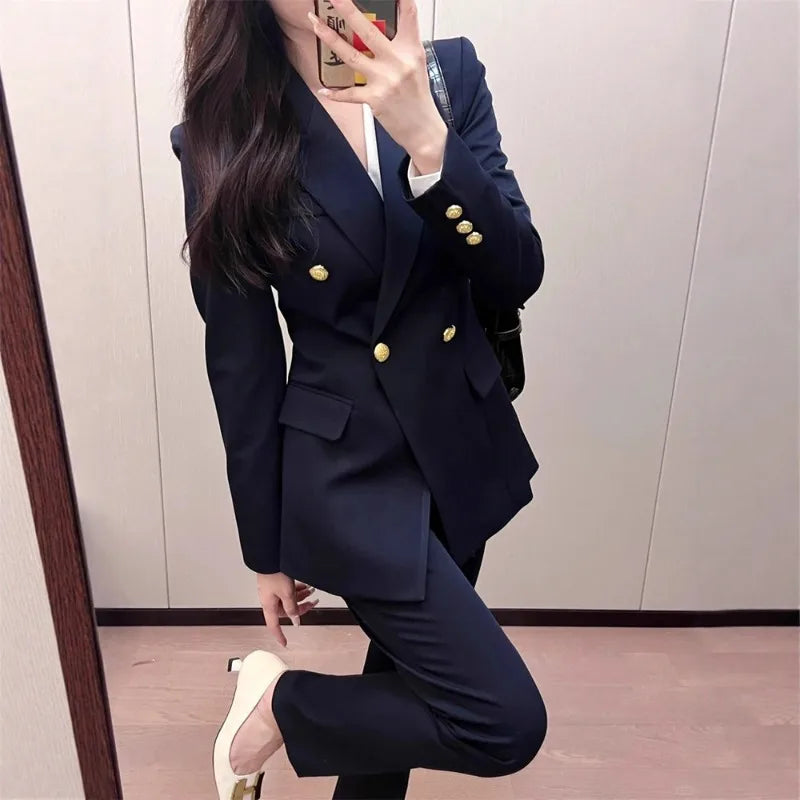 Elegant Business Office 2 PCS Set Female Slim Blazer Outfits Sets 2026 Women's Lapel Button Coat Jacket + Pencil Pants Suit Sets