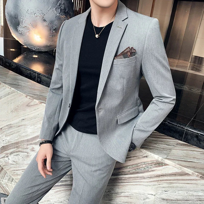 ( Blazer + Pants ) High-end Brand Formal Business Plaid Mens Suit Groom Wedding Dress Solid Color Stage Performance Tuxedo S-7XL