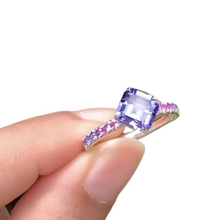 New Square Colored Diamond Women's Ring, Amethyst Zircon Jewelry Simple European and American Jewelry Wholesale