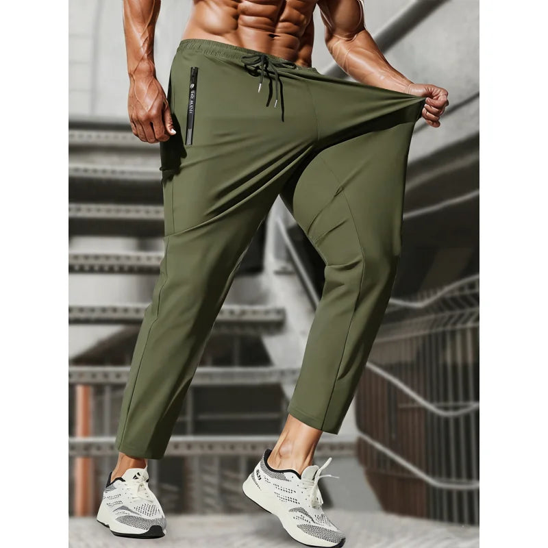 Men's Ice Silk High Elastic Breathable Trousers With Drawstring Zipper Pockets Casual Sports Trousers Gym Sportswear Gift Man