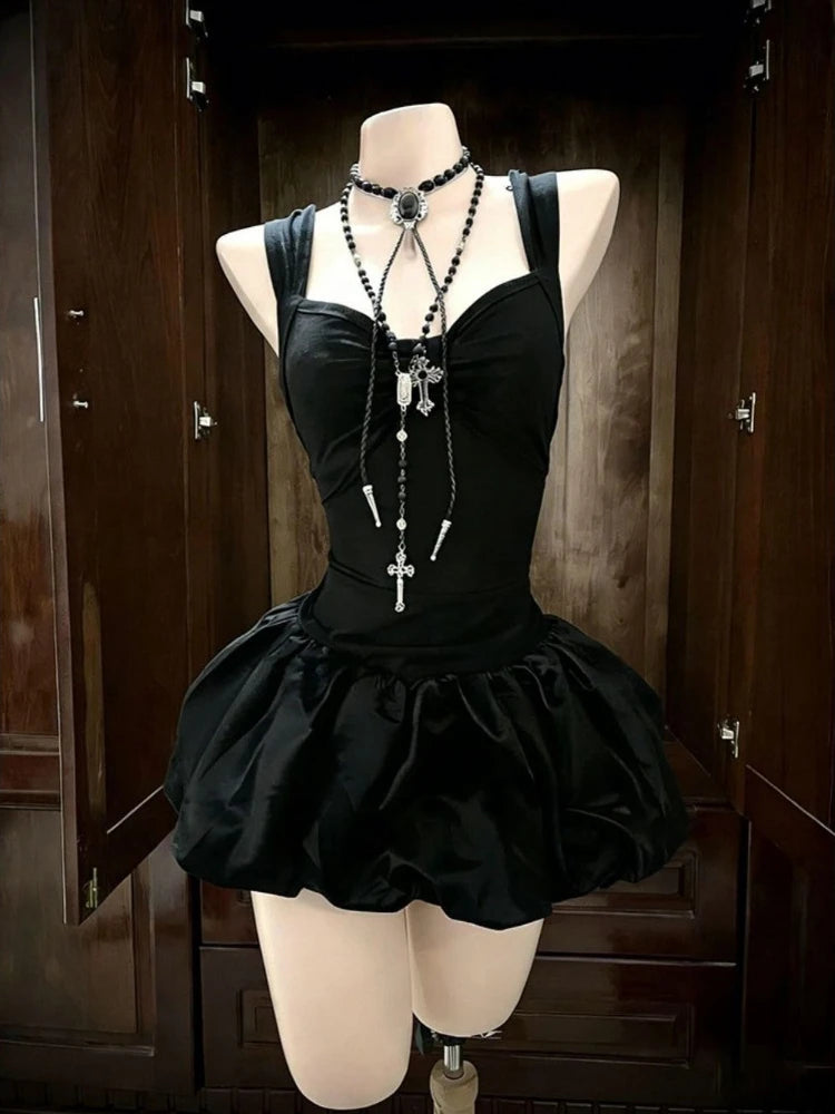 Gothic Hot Girl Cross Black Skinny Short Dress Women Summer New Sexy Slip Vintage Dark Academia Slim Flower Bud Dresses New
