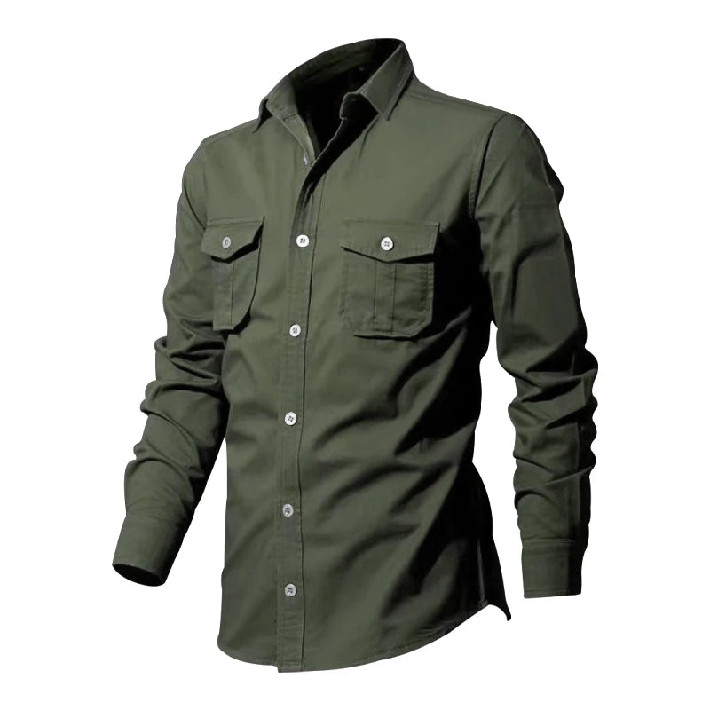 Spring And Autumn New Men's Shirt Loose Large Size Multi-pocket Vintage Cargo Shirt Solid Color Lapel Long-sleeved Shirt
