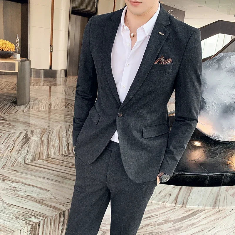 ( Blazer + Pants ) High-end Brand Formal Business Plaid Mens Suit Groom Wedding Dress Solid Color Stage Performance Tuxedo S-7XL