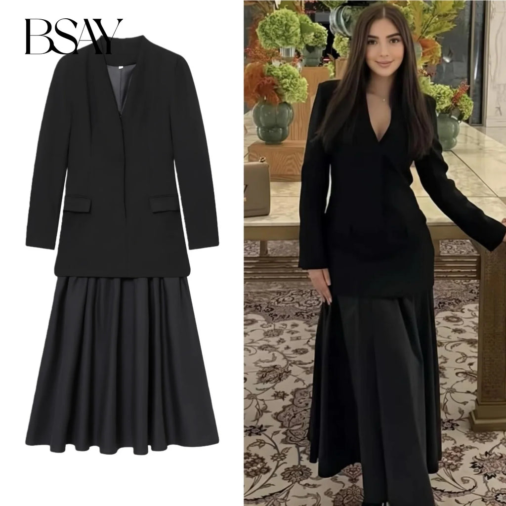 BSAY black Suit Dress Women's clothing Autumn Winter New hem Pleat Spliced Long Sleeves V-neck France Female Evening Dresses