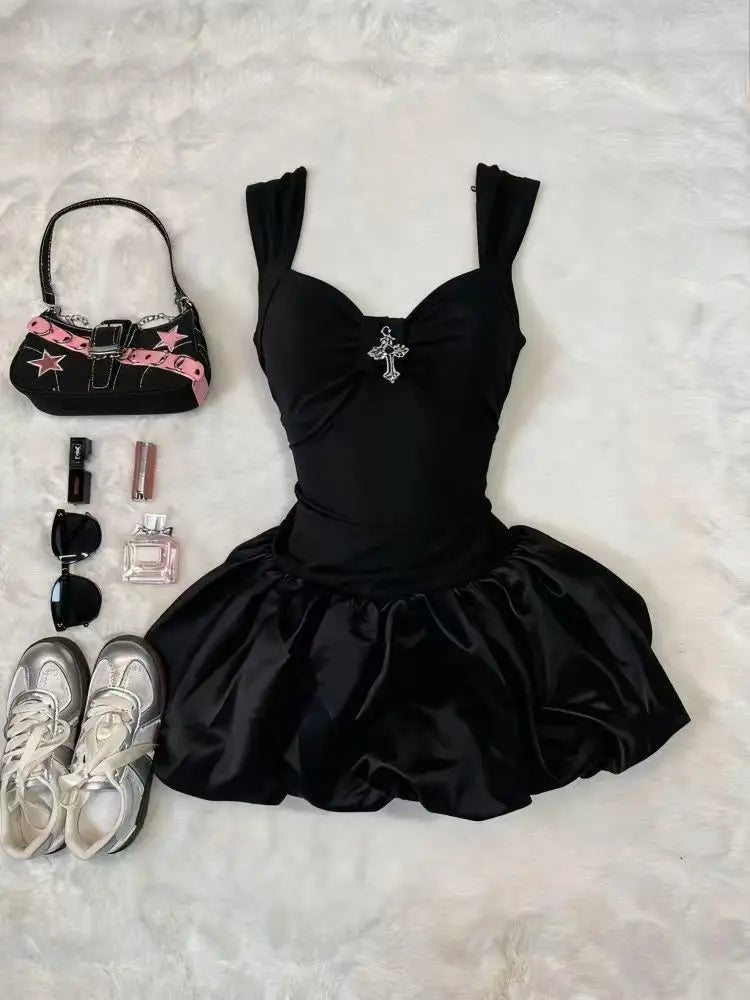 Gothic Hot Girl Cross Black Skinny Short Dress Women Summer New Sexy Slip Vintage Dark Academia Slim Flower Bud Dresses New