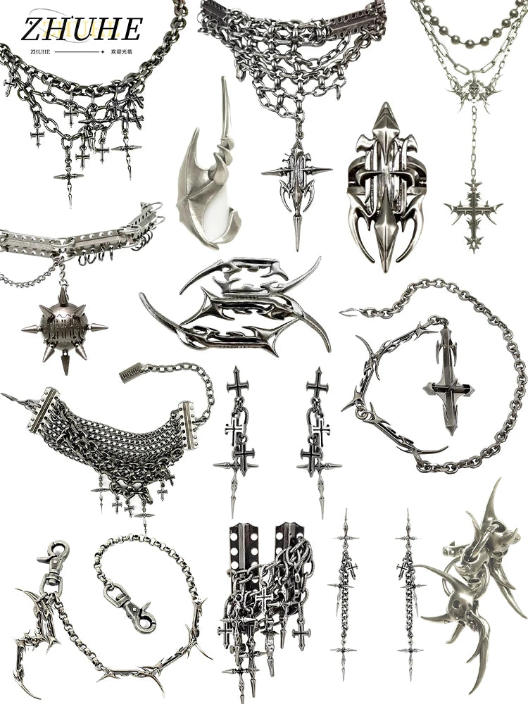 Gothic Cross Chain Jewelry Set for Women Men, Punk Statement Necklaces Rings Accessories, Edgy Party Jewelry Collection