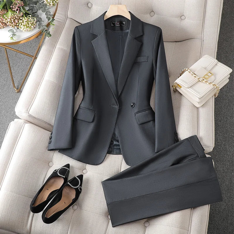 NAVIU Gray Suits Women New Autumn Fashion Temerament Professional Long Sleeve Slim Blazer And Pants Sets Office Lady Work Wear