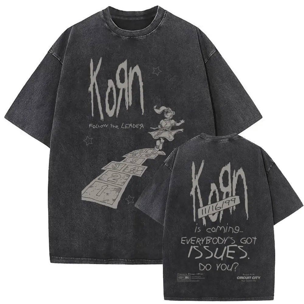 New Washed Vintage Alternative Nu Metal Rock Band Korn Print Tshirt Men Oversized T-shirts Male Fashion T Shirts Y2k Streetwear