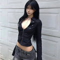 Y2k Aesthetic Women Sexy Blouse Solid Double Zippers Slim Fit Grunge Shirt Harajuku Turn Down Collar Streetwear Cropped Tops