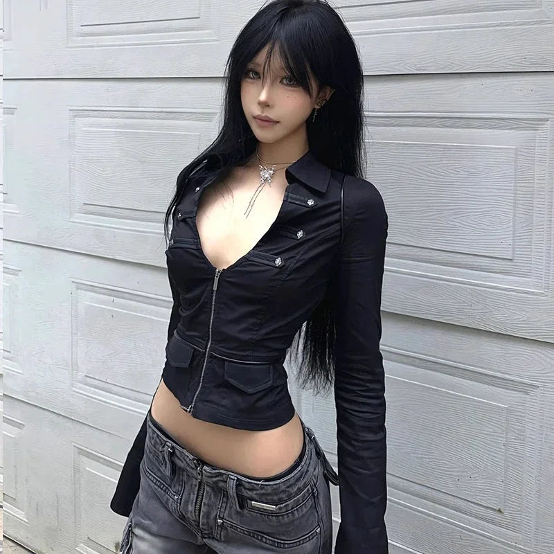 Y2k Aesthetic Women Sexy Blouse Solid Double Zippers Slim Fit Grunge Shirt Harajuku Turn Down Collar Streetwear Cropped Tops