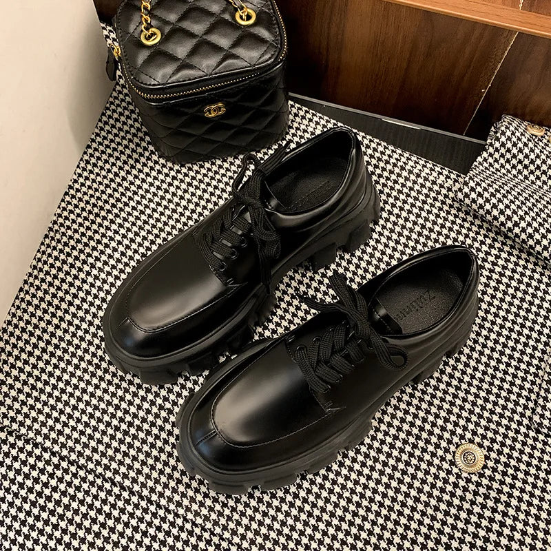 leather Loafers women's shoes spring and  autumn   platform shoes lace-up single shoes Plus size 35-43 size ladies casual flat