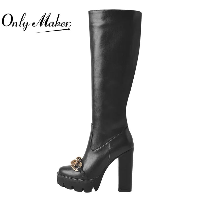Onlymaker High Heel Boots Knee High Shoes Platform Metal Chain Matte Black Side Zipper Long Boots Big Size